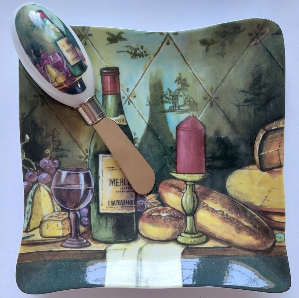 NIB Lorren Home Trends Porcelain Wine Cheese Plate and Knife Spreader - Gifting